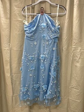 JJs House Light Blue Strapless Floral Appliqué Midi Prom Dress